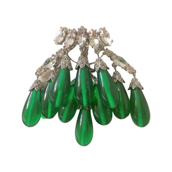 Exquisite Tear Drop Green Glass, Silver Tone Crystal Rhinestones Pin Brooch - Picture 4 of 5